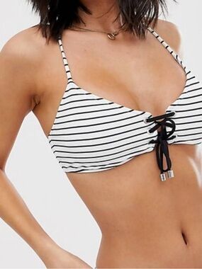 Polo Ralph Lauren French Stripe Lace-Up Bikini Top - Black / Deep Navy White XS